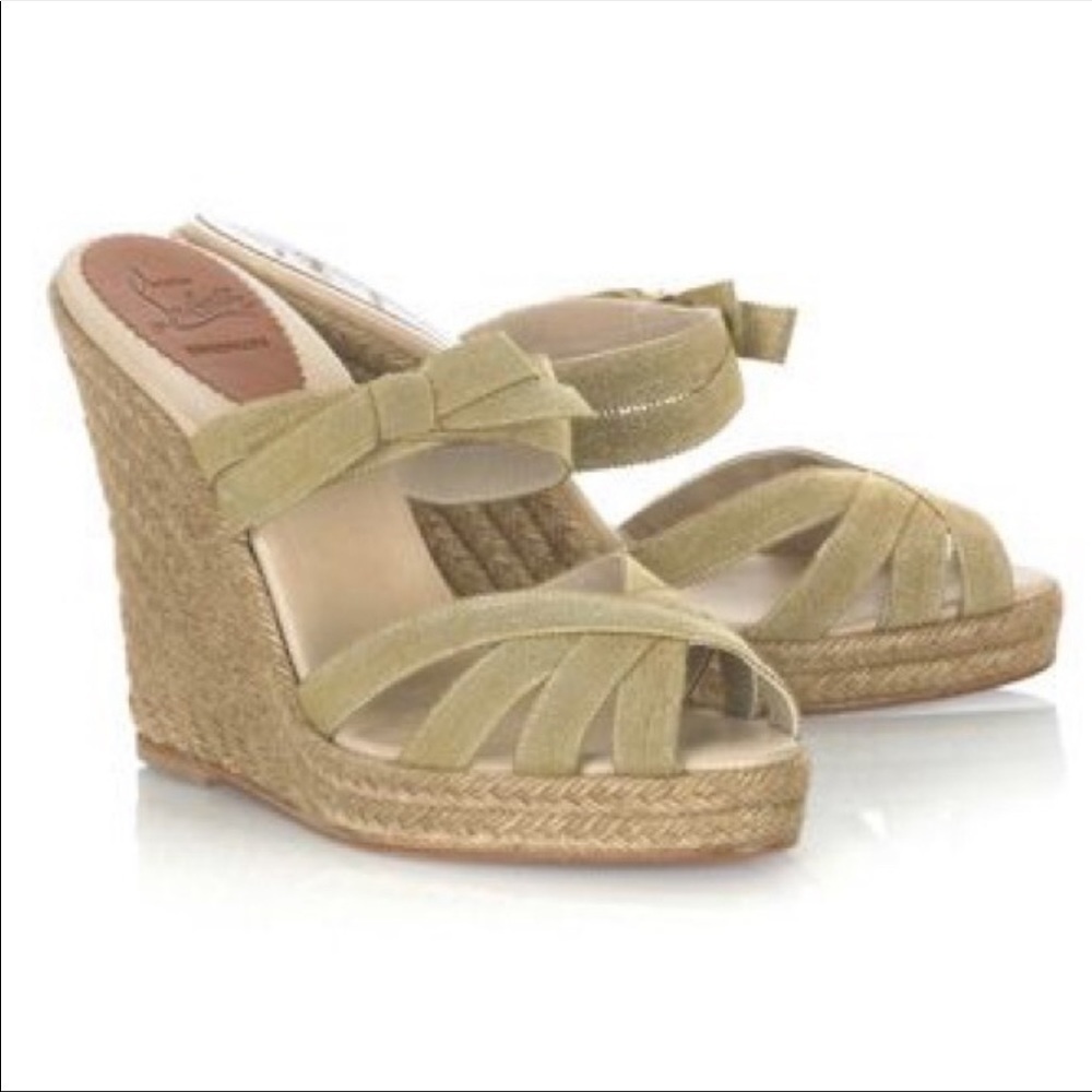Christian Louboutin Delfin Espadrille Wedges neutral shimmer gold ribbon 37
